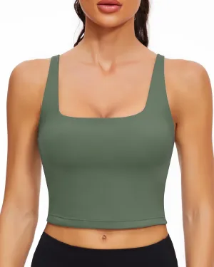WOWENY Workout Padded Yoga Tank Tops Built-in Bra Longline Sport Bra for Women Square Neck Crop Top