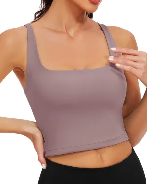 WOWENY Workout Padded Yoga Tank Tops Built-in Bra Longline Sport Bra for Women Square Neck Crop Top
