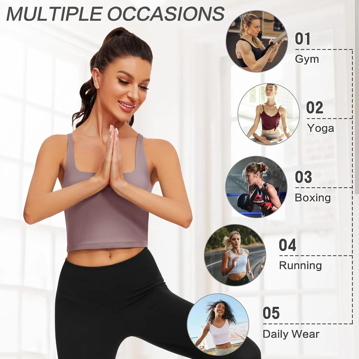 WOWENY Workout Padded Yoga Tank Tops Built-in Bra Longline Sport Bra for Women Square Neck Crop Top