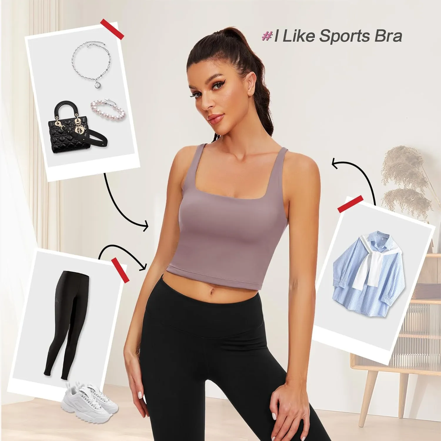 WOWENY Workout Padded Yoga Tank Tops Built-in Bra Longline Sport Bra for Women Square Neck Crop Top