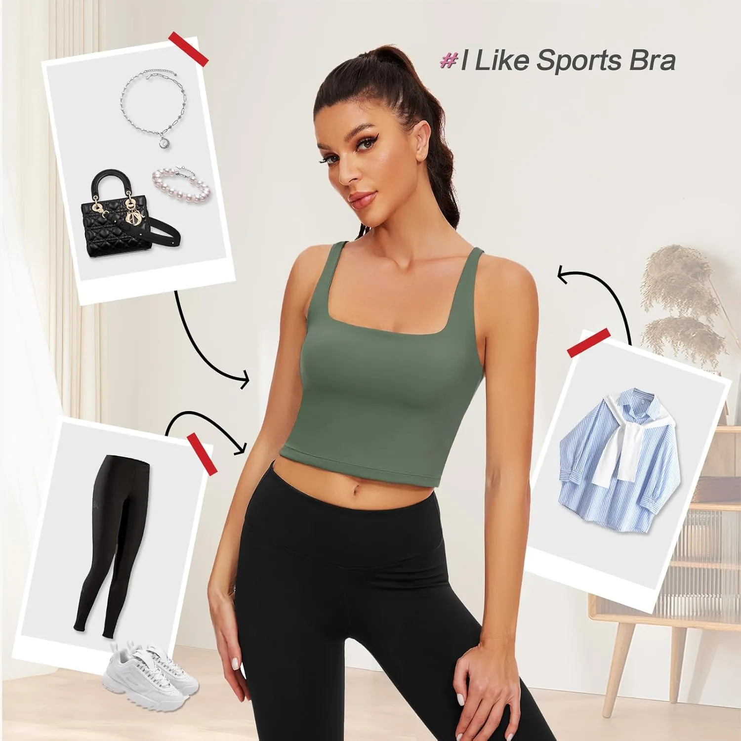 WOWENY Workout Padded Yoga Tank Tops Built-in Bra Longline Sport Bra for Women Square Neck Crop Top