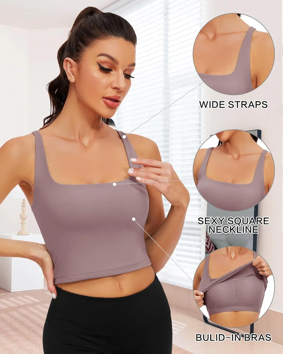 WOWENY Workout Padded Yoga Tank Tops Built-in Bra Longline Sport Bra for Women Square Neck Crop Top