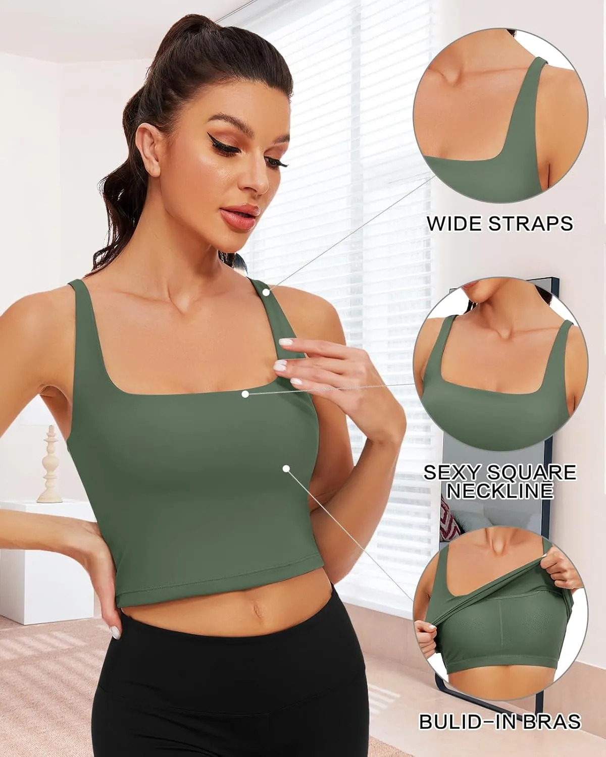 WOWENY Workout Padded Yoga Tank Tops Built-in Bra Longline Sport Bra for Women Square Neck Crop Top