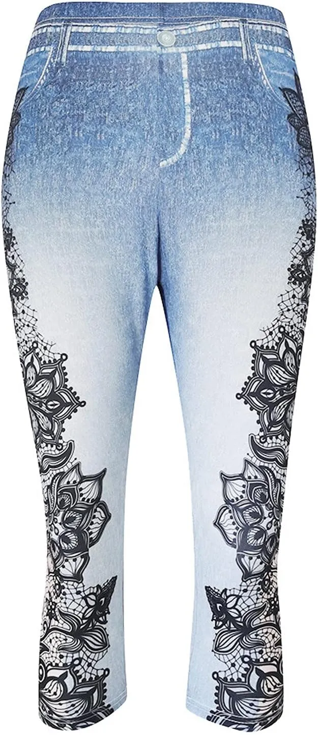 XUNRYAN Capri Leggings for Women Stretchy High Waisted Faux Jeans Shorts Plus Size Elastic Waist Casual Yoga Leggings Pants