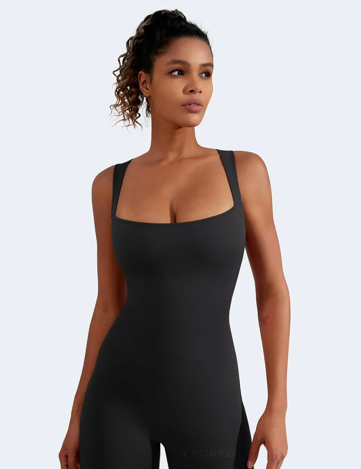 YEOREO Women Flare Jumpsuits Gym Sleeveless Square Neck Full Length Yoga Jumpsuit