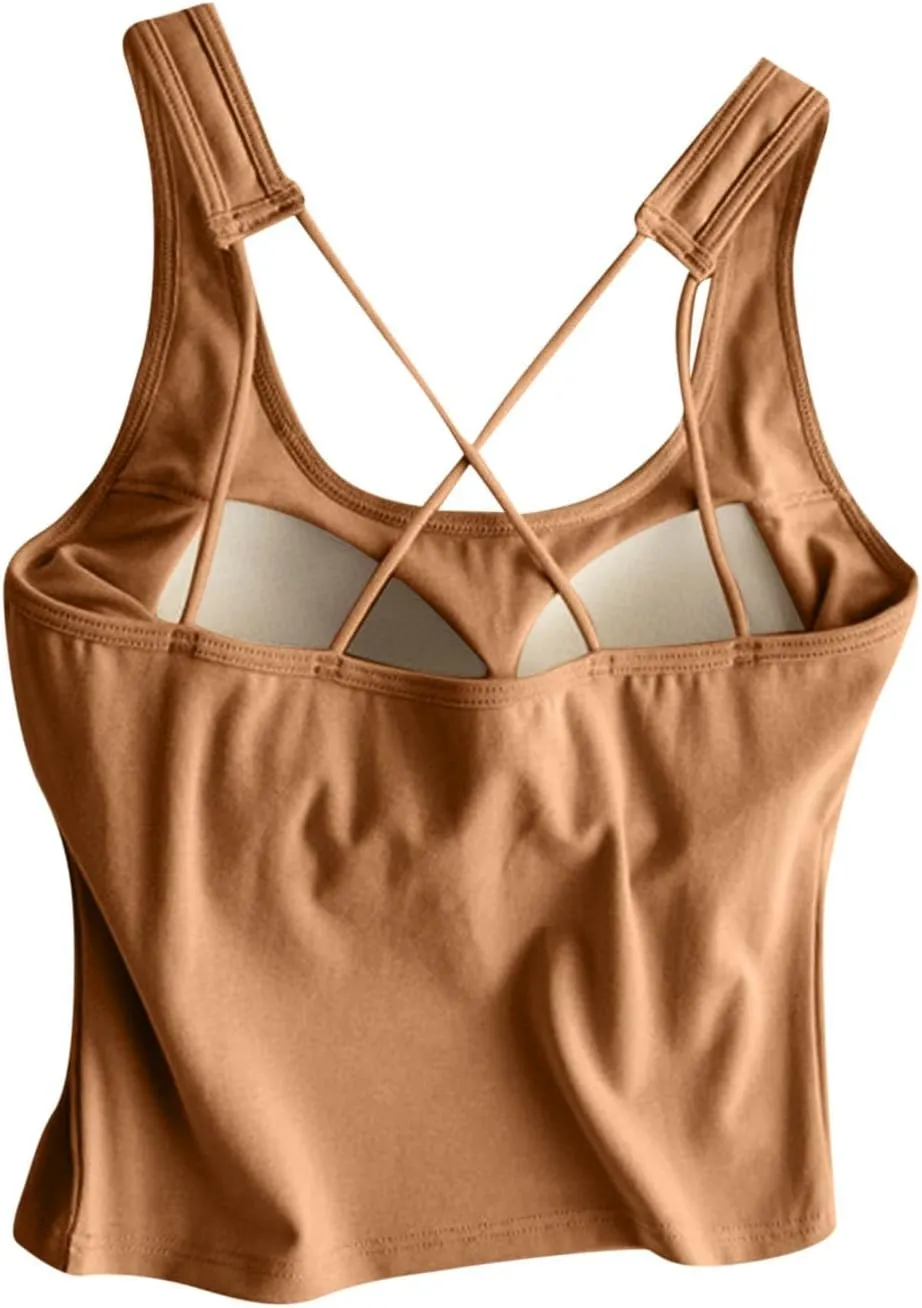 Yoga Tank Top for Women with Built in Bra Cotton Padded Plain Sports Bra Fitness Workout Running Shirts