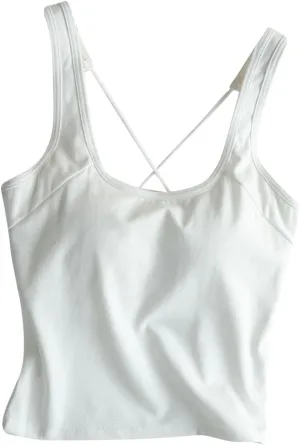 Yoga Tank Top for Women with Built in Bra Cotton Padded Plain Sports Bra Fitness Workout Running Shirts