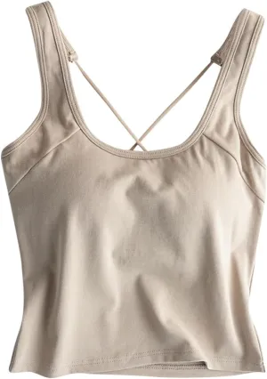 Yoga Tank Top for Women with Built in Bra Cotton Padded Plain Sports Bra Fitness Workout Running Shirts