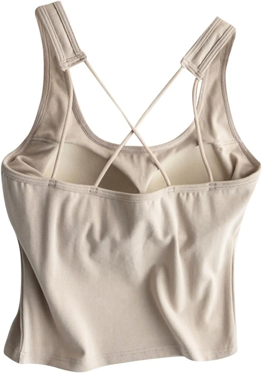 Yoga Tank Top for Women with Built in Bra Cotton Padded Plain Sports Bra Fitness Workout Running Shirts