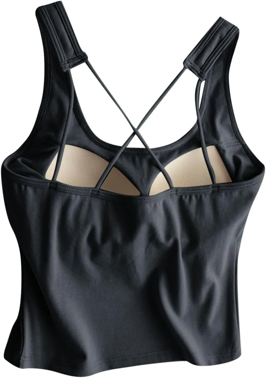 Yoga Tank Top for Women with Built in Bra Cotton Padded Plain Sports Bra Fitness Workout Running Shirts