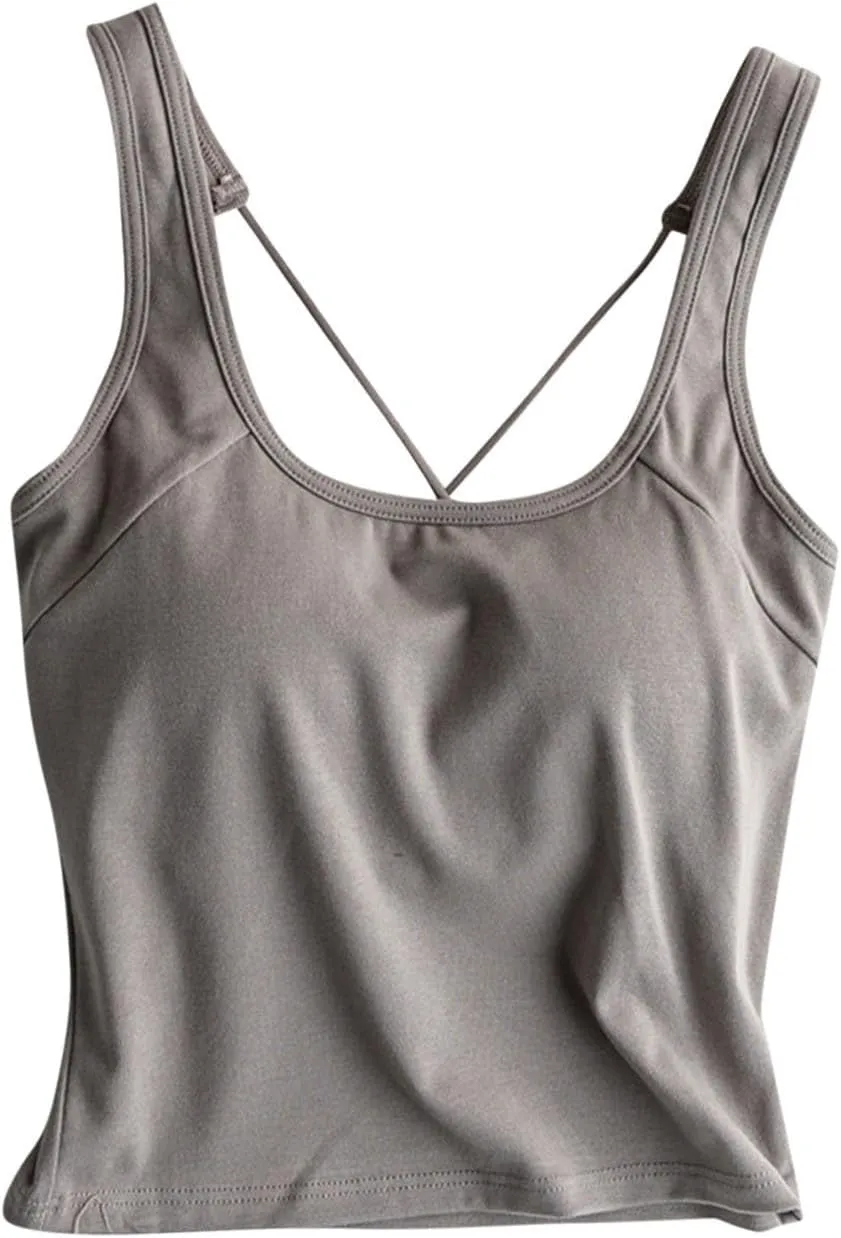 Yoga Tank Top for Women with Built in Bra Cotton Padded Plain Sports Bra Fitness Workout Running Shirts