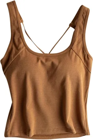 Yoga Tank Top for Women with Built in Bra Cotton Padded Plain Sports Bra Fitness Workout Running Shirts