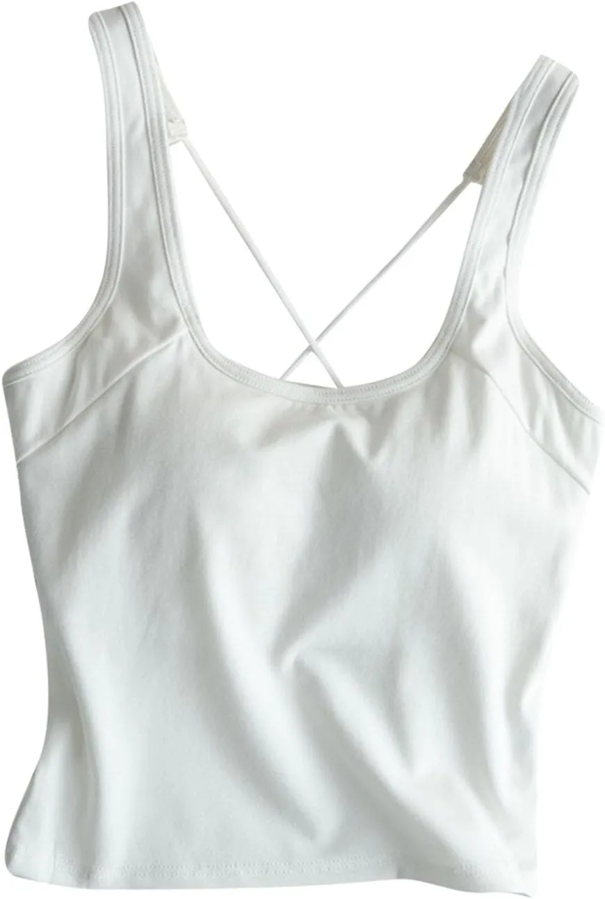 Yoga Tank Top for Women with Built in Bra Cotton Padded Plain Sports Bra Fitness Workout Running Shirts