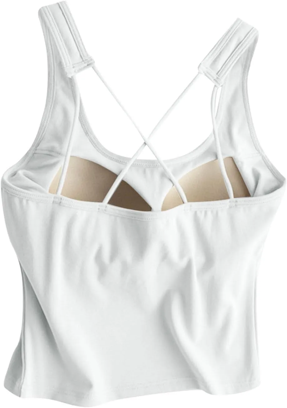 Yoga Tank Top for Women with Built in Bra Cotton Padded Plain Sports Bra Fitness Workout Running Shirts