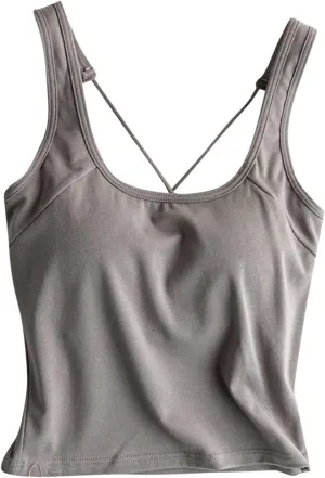 Yoga Tank Top for Women with Built in Bra Cotton Padded Plain Sports Bra Fitness Workout Running Shirts