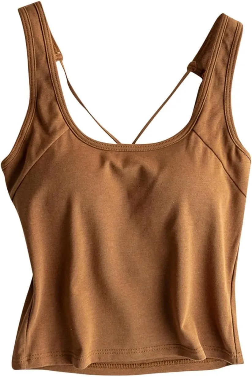 Yoga Tank Top for Women with Built in Bra Cotton Padded Plain Sports Bra Fitness Workout Running Shirts