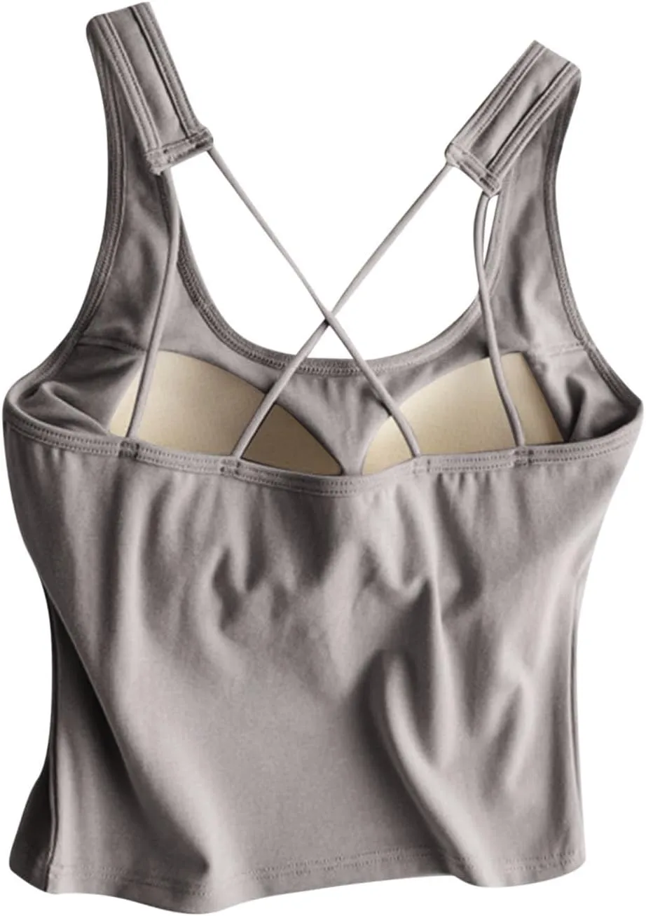 Yoga Tank Top for Women with Built in Bra Cotton Padded Plain Sports Bra Fitness Workout Running Shirts